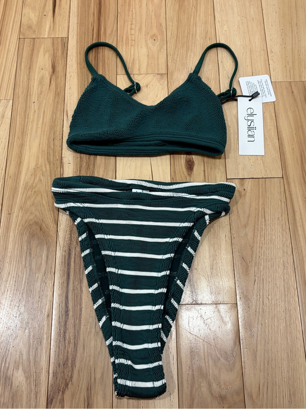 NWT Elysiian Green Solid & Stripes Crinkle Fabric 2-Piece Bikini - One Size (XS)
